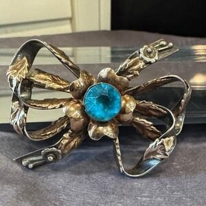 Vintage HOBE' sterling silver & 14kt  Bow Brooch with Blue Gem 1940's RARE Large